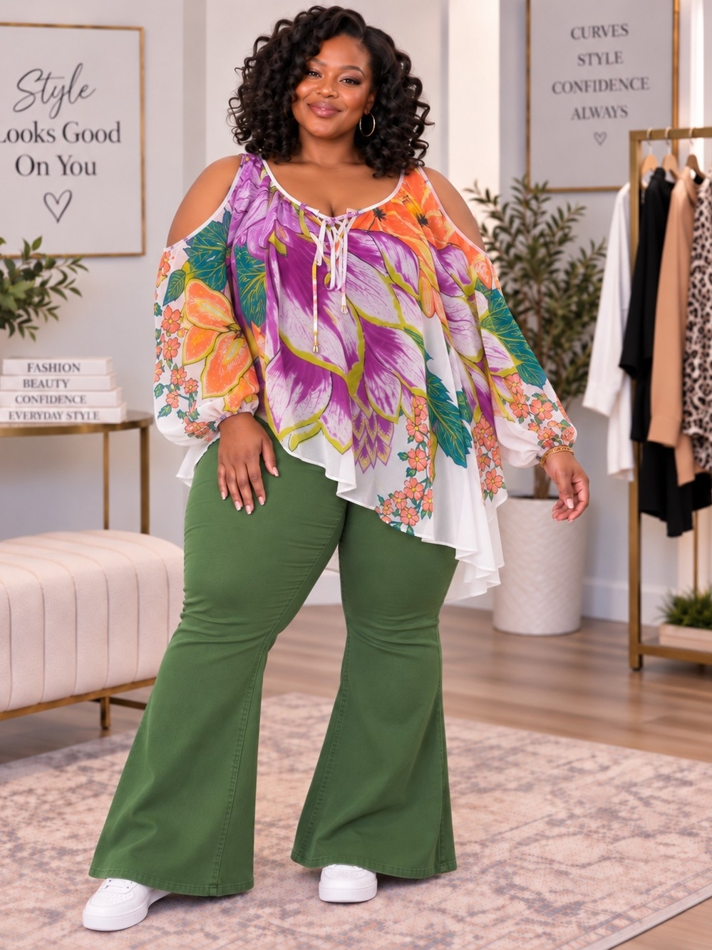 Plus Size Floral Cold Shoulder High-Low Blouse with Tie Neck